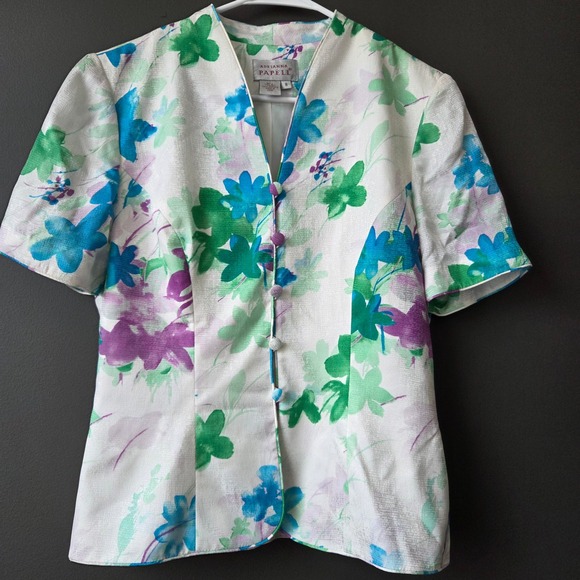 Vintage Adrianna Papell 100% Silk Floral Skirt Set Blue Green Purple Womens 8 - Picture 3 of 13